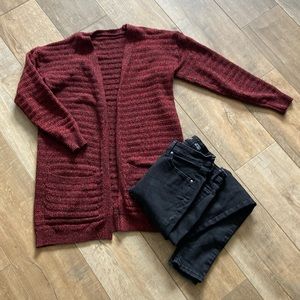 Red and Black Ribbed Open Front Cardigan